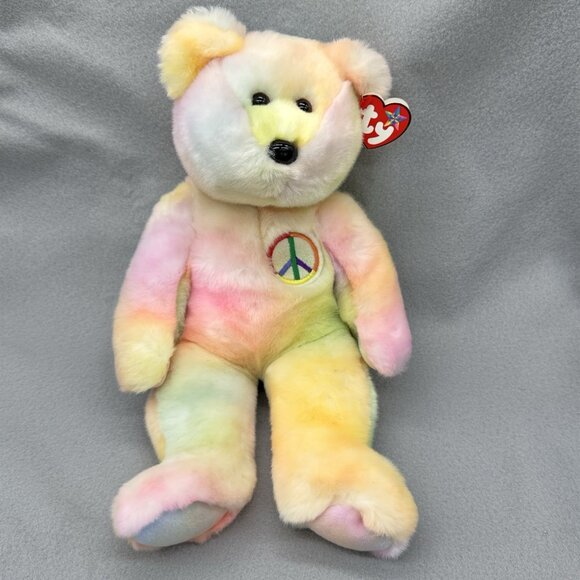 Vintage TY Beanie Buddies Peace Bear Tie Dye Pastel 1999 Embroidered Emblem 14" - Picture 2 of 9